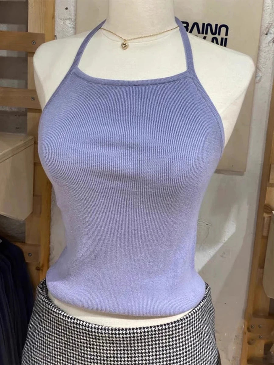 Fashion Solid Knitted Slim Camis Women New Cotton Sexy Backless Lace-up Simple Basic Crop Tops Sweet Cute Vintage Y2K Tank Tops