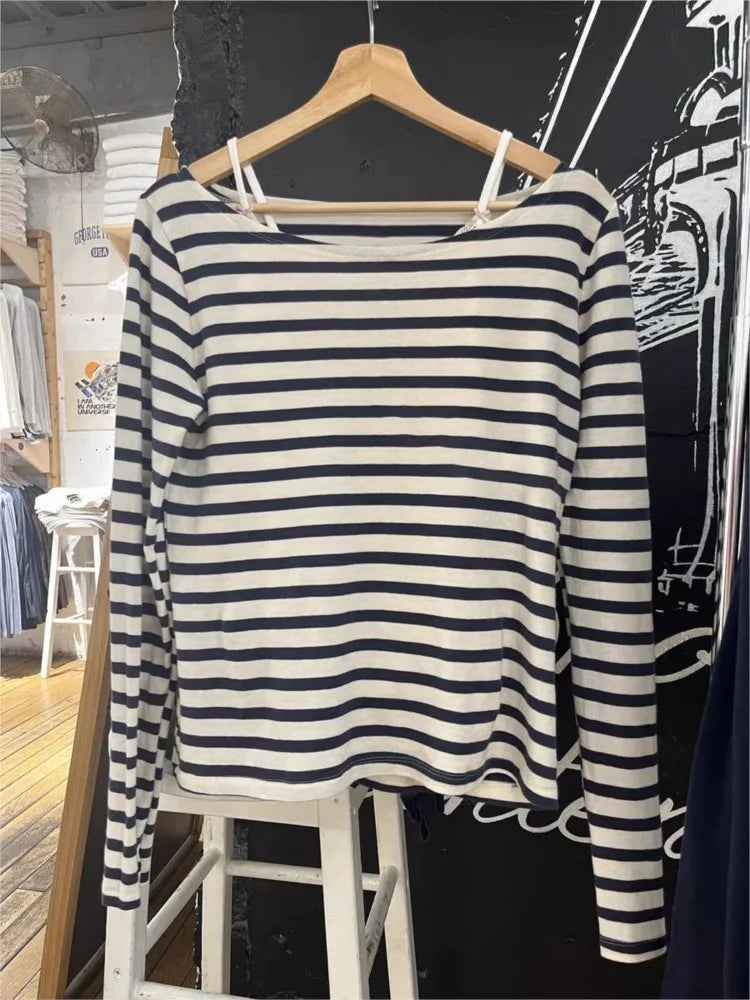 American Navy Striped Long Sleeve T-shirt Women Spring Scoop Neck Slim Cotton Tee Shirts Vintage Streetwear Sweatshirt Y2k Tops