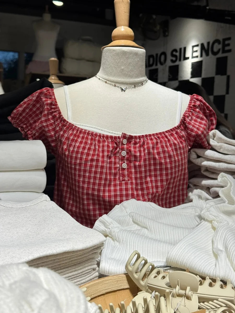 Red Plaid Ruffle Lace-up Cotton Short Sleeve Tees Women Casual Streetwear Button Tops Female Vintage Sweet Cute Y2K T-shirts
