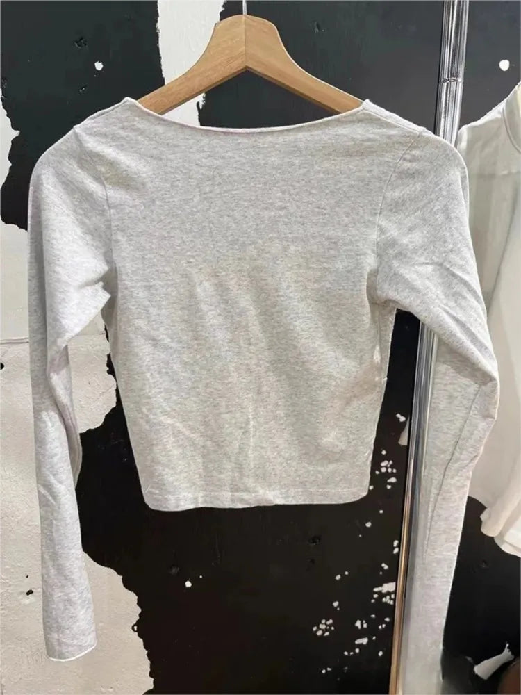 Sweet Gray Folds V-neck Slim Long Sleeve Tees Women Spring New Cotton Soft Simple Basic Crop Tops Vintage Cute Chic T-shirts Y2K