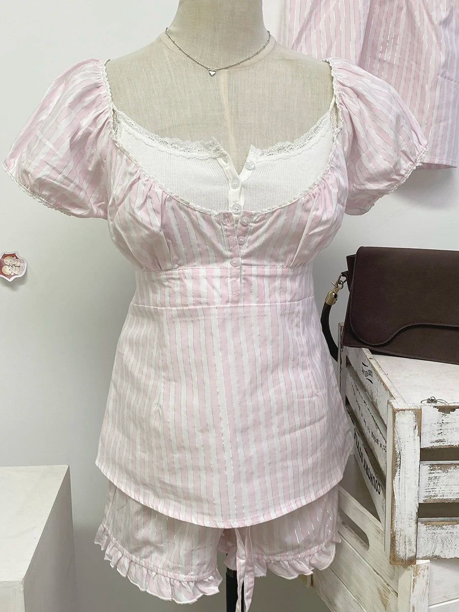 Pink Tshirt Pant Sets Women Summer Casual Lace Trim T-shirts+Fungus Short Pants Sweet Cute 2 Piece Outfits Clothes