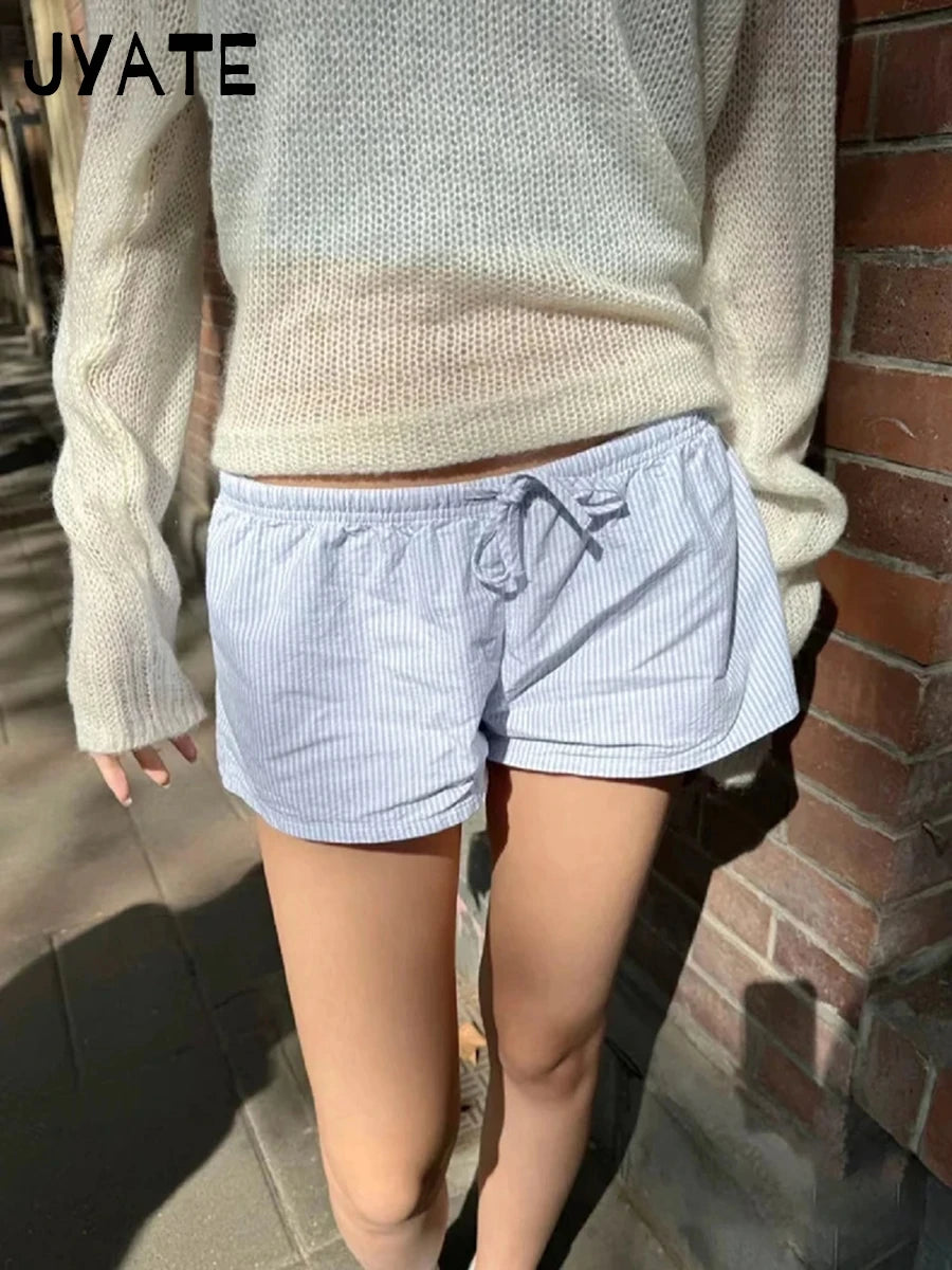 Vintage Blue Striped Drawstring Short Pants Women Summer New Casual Elastic Waist Straight Shorts Sweet Chic Home Underwear Y2K