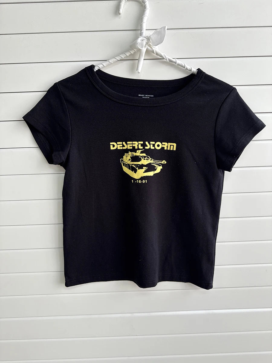 Vintage Letter Graphic Crop Top Women Summer Casual Round Neck Short Sleeve Short T-shirt Female Retro Classic Cotton Tops Chic