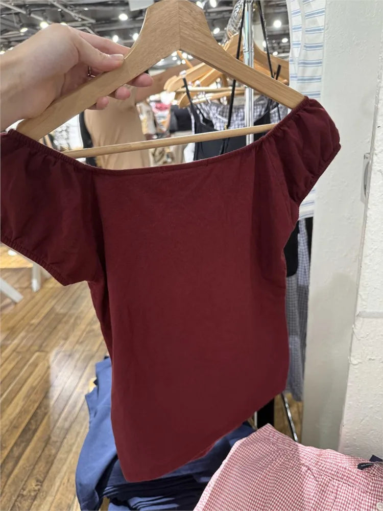 Burgundy Mesh Folds Short Sleeve Tee Women Summer Square Collar Cotton Ruffle Slim T-shirts Female Sweet Aesthetic Cute Y2K Tops