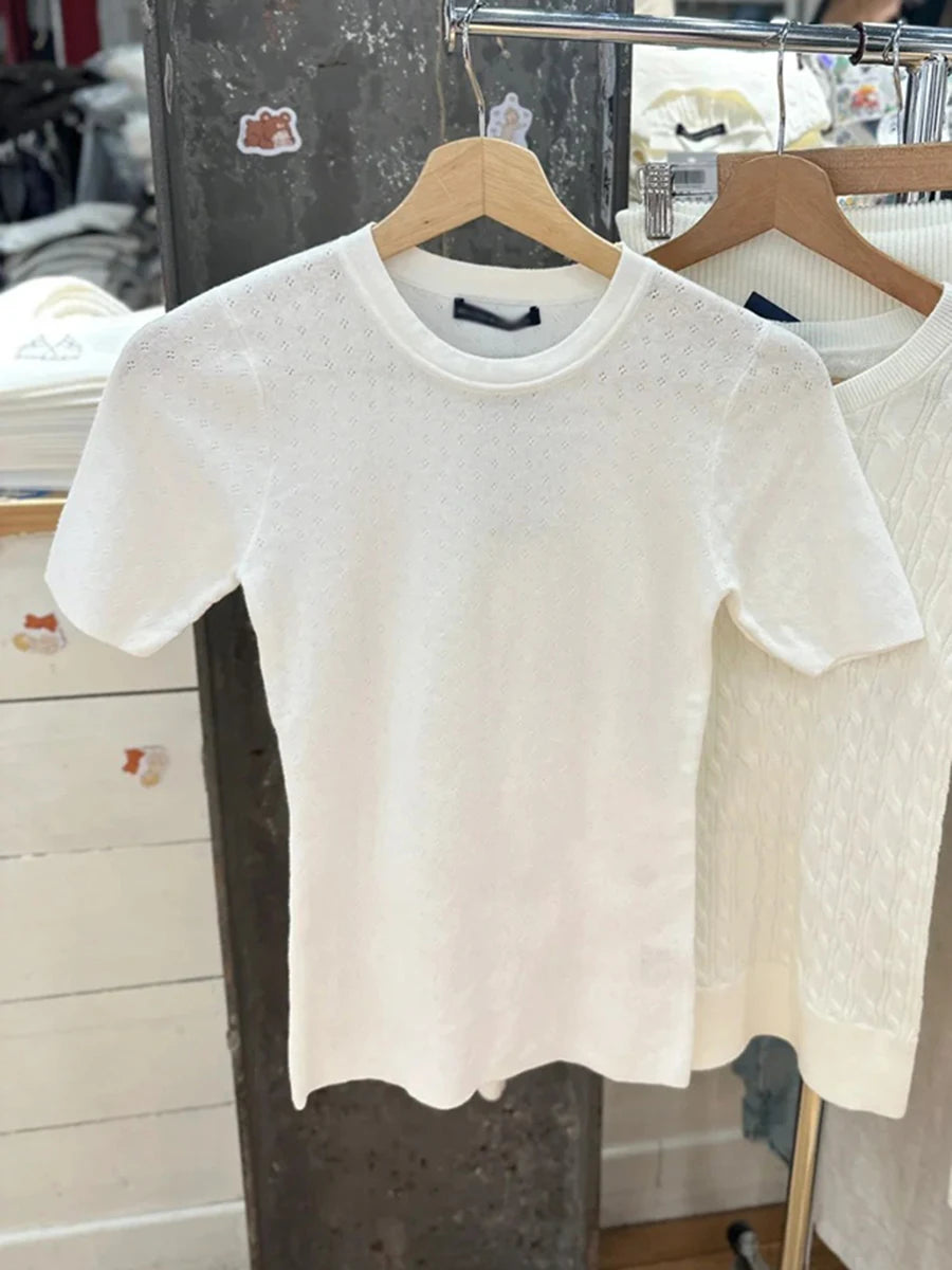 White Eyelet Short Sleeve Tees Women New Cotton Soft Casual Basic Simple O-neck T-shirts Preppy Style Sweet Cute Tshirt Y2K Tops