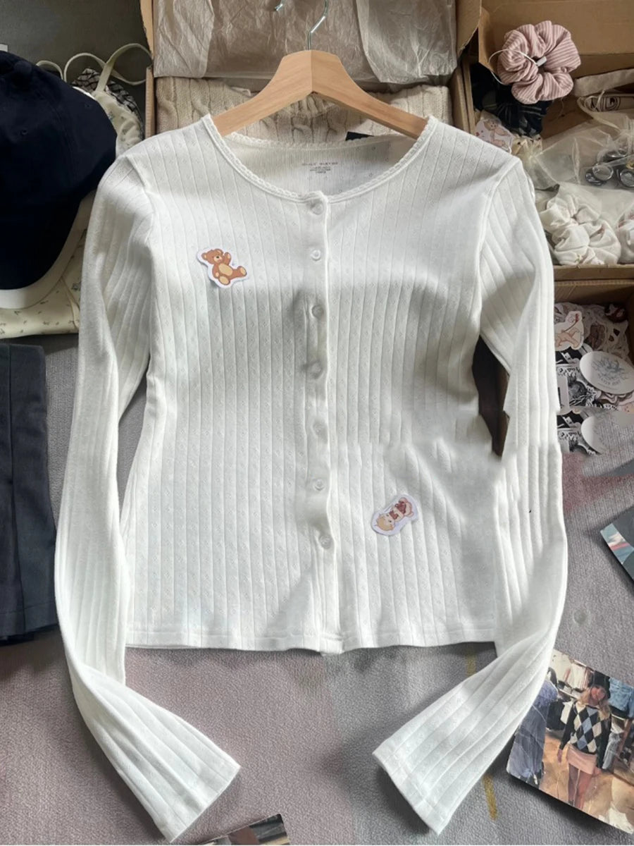 Lace Trim White Eyelet Slim T-shirt Women New Basic O-neck Single Breasted Cotton Long Sleeve Tee Shirts Sweet Cute Vintage Tops