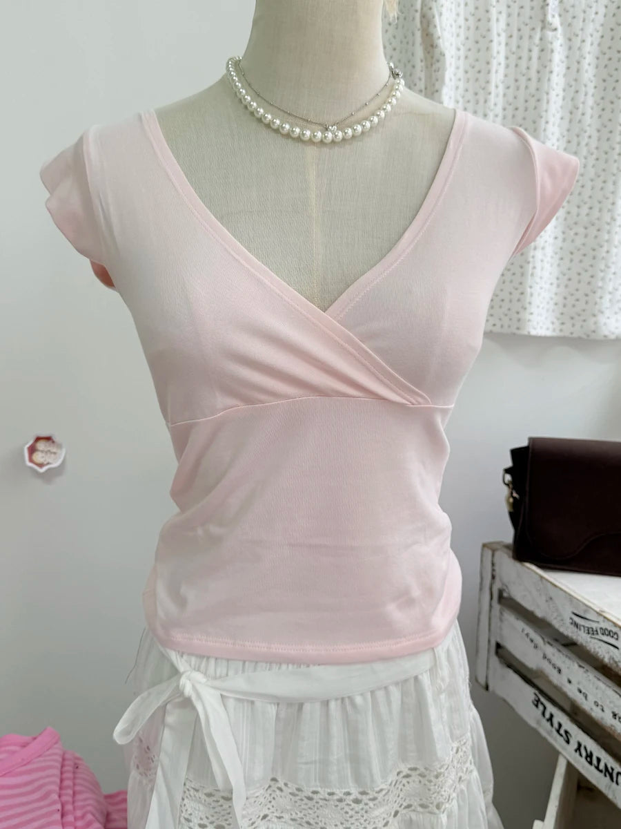 Navy Dot V-neck Sleeveless T-shirts Women Vintage Casual Simple Slim Cotton Crop Tops Female Sweet Cute Preppy Style Vests Y2K
