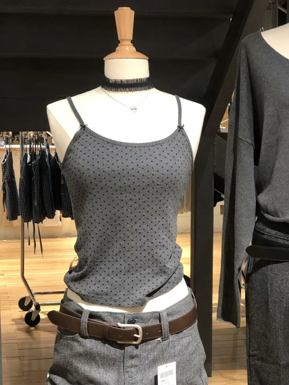 Gray Bear Print Bow Tank Tops Women New Lace Trim Slim Cotton Preppy Style Sleeveless Vests Vintage Cute Streetwear Y2K Camisole