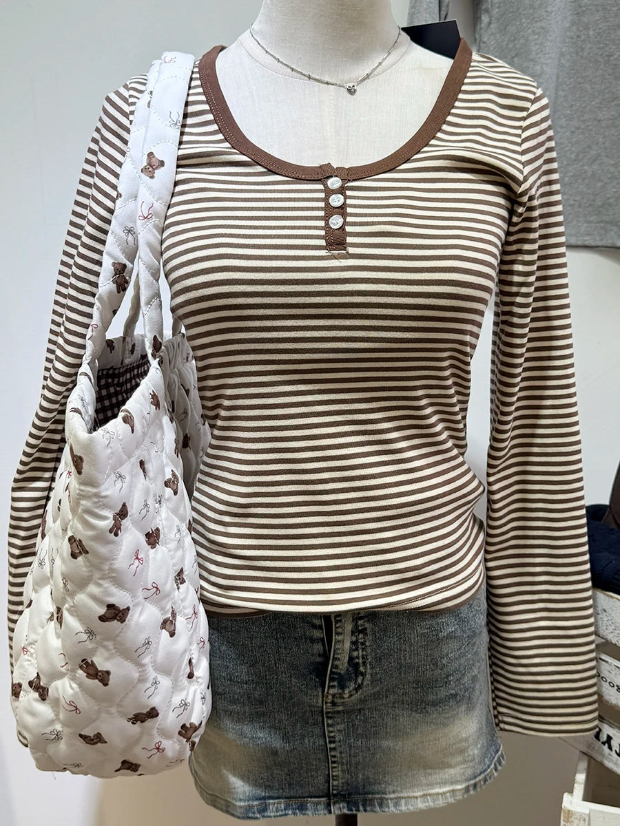 Brown Striped Long Sleeve Tees Women Autumn Streetwear Casual Cotton Buttons Slim Zelly Tops Retro Simple Chic T-shirts New Y2K