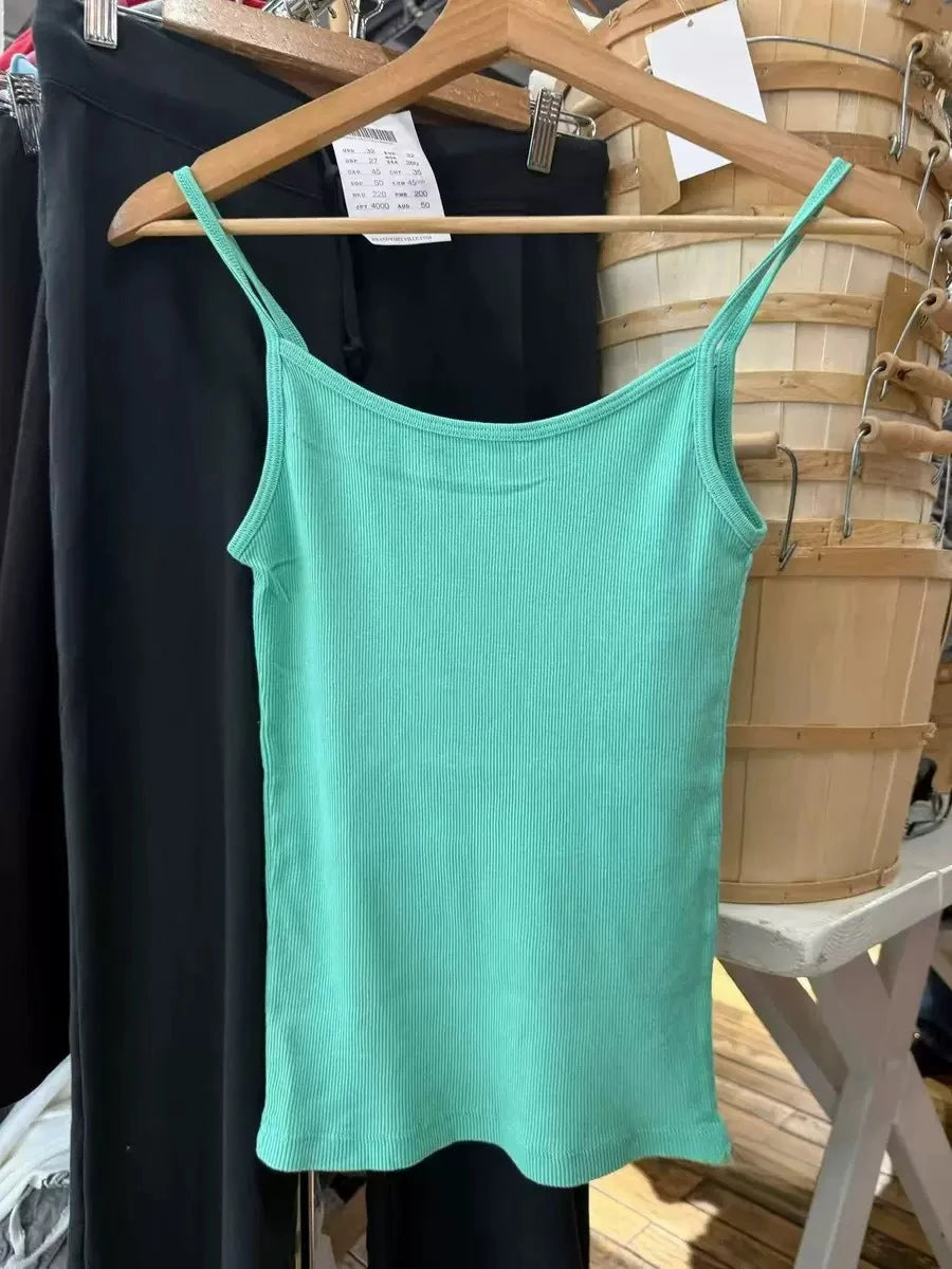 Mint blue Ribbed Slim Tank Tops Women Summer Cotton Casual Streetwear Sleeveless Vests Vintage Sweet Simple All-match Camisole