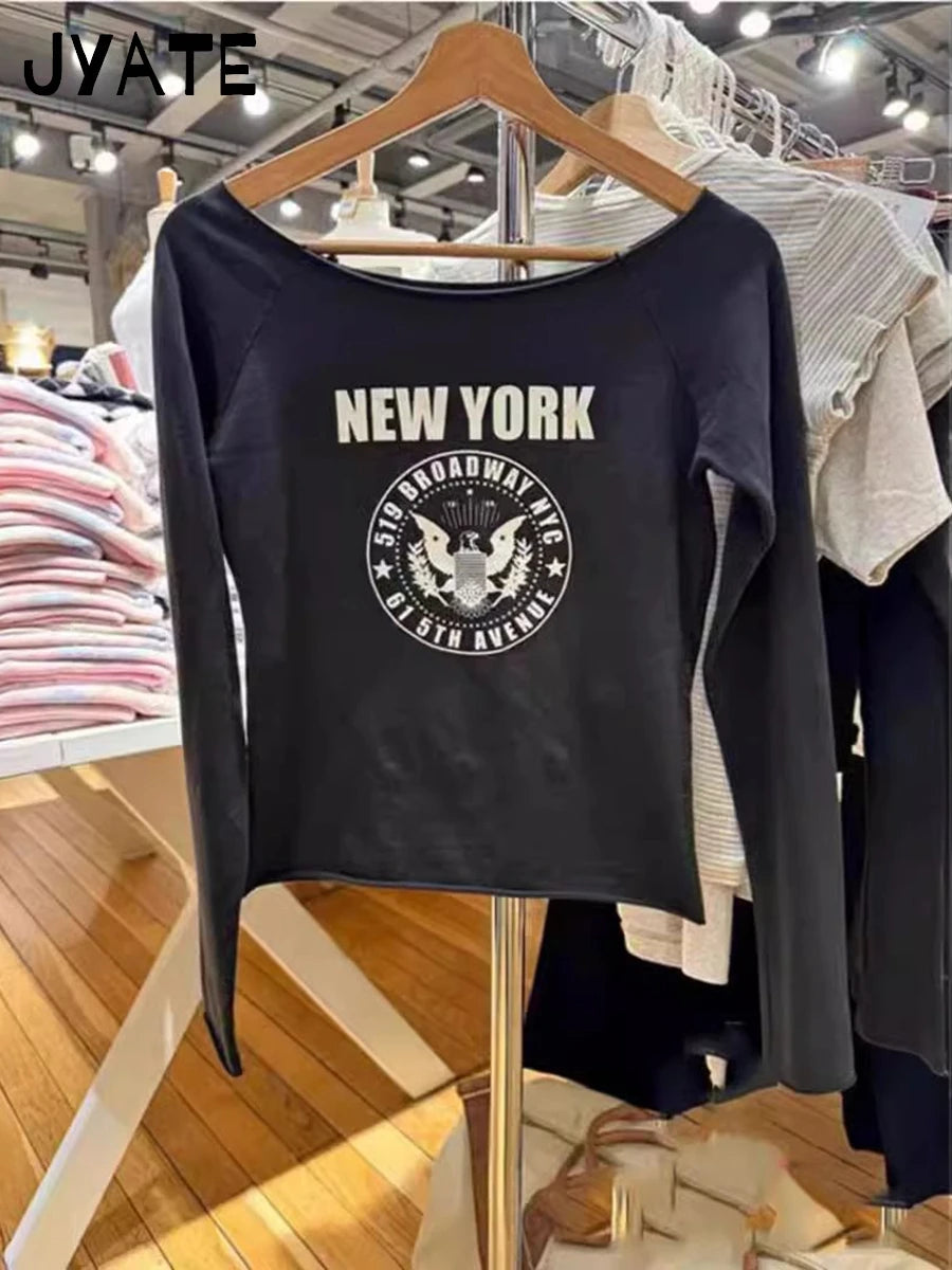 Letter Print Slash Neck Long Sleeve Tee Women Summer New Cotton Slim Sexy Raw Hem Casual Tops Vintage American Chic T-shirts Y2K
