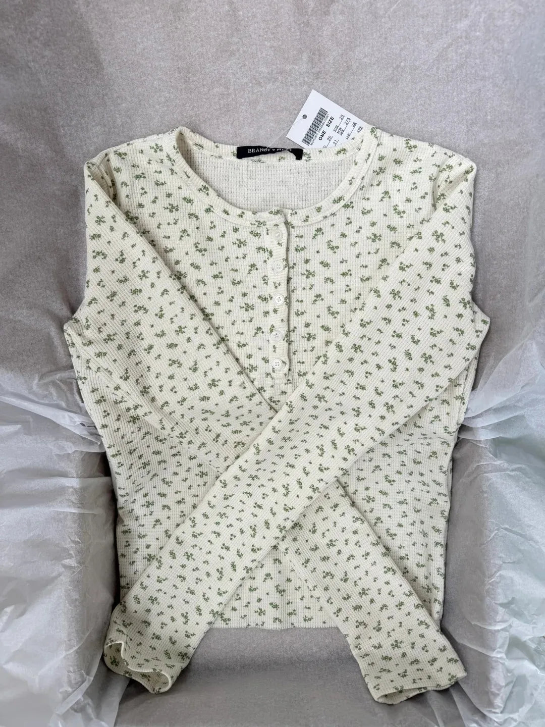 Floral Print Waffle T-Shirt Women Autumn Buttons Round Neck Cotton Slim Long Sleeve Tee Top Vintage Cute Preppy Style Y2K Tshirt
