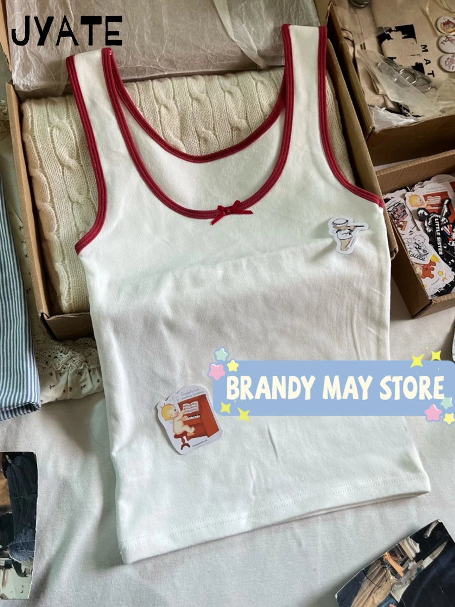 Sweet Bow U Collar Tank Tops Women Summer New Casual Streetwear Patchwork Sleeveless Vests Vintage Chic Preppy Style Camis Y2K