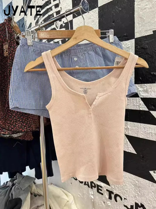 Simple Pink Ribbed Cotton Tank Tops Women Summer New Casual Buttons U-neck Sleeveless Vests Sweet Basic Preppy Style Camis Y2K