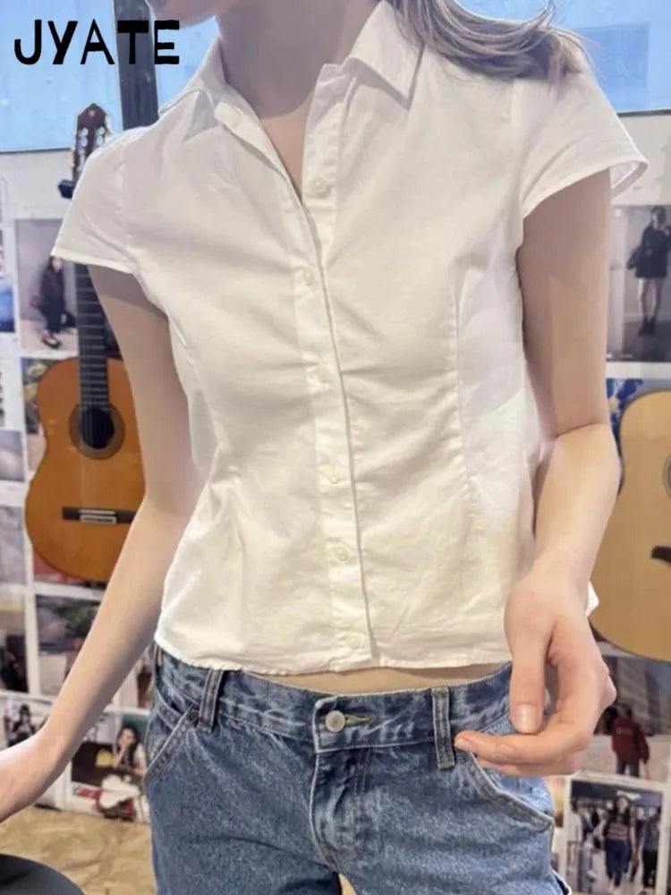 Back Lace-up White Blouse T-shirts Women Summer Casual Preppy Peter Pan Collar Short Sleeve Tees Cute Sweet Slim Y2K Crop Tops