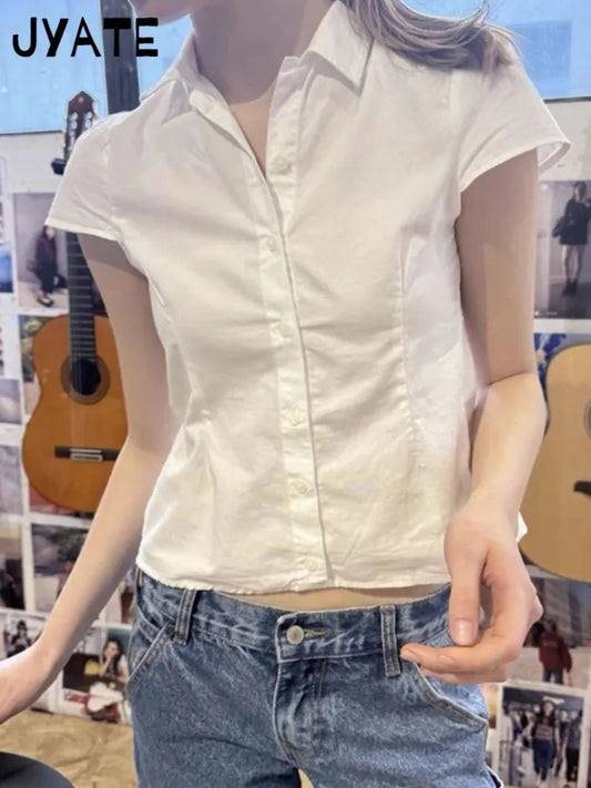 Back Lace-up White Blouse T-shirts Women Summer Casual Preppy Peter Pan Collar Short Sleeve Tees Cute Sweet Slim Y2K Crop Tops