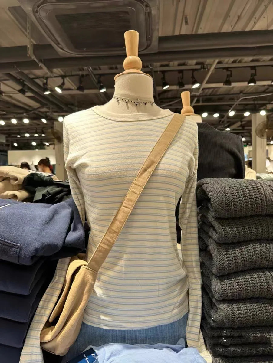 Vintage Striped Long Sleeve T-shirt Woman Spring New Y2K O-Neck Cotton Slim Tshirts Tops Female Cute Preppy Style Tee Shirts