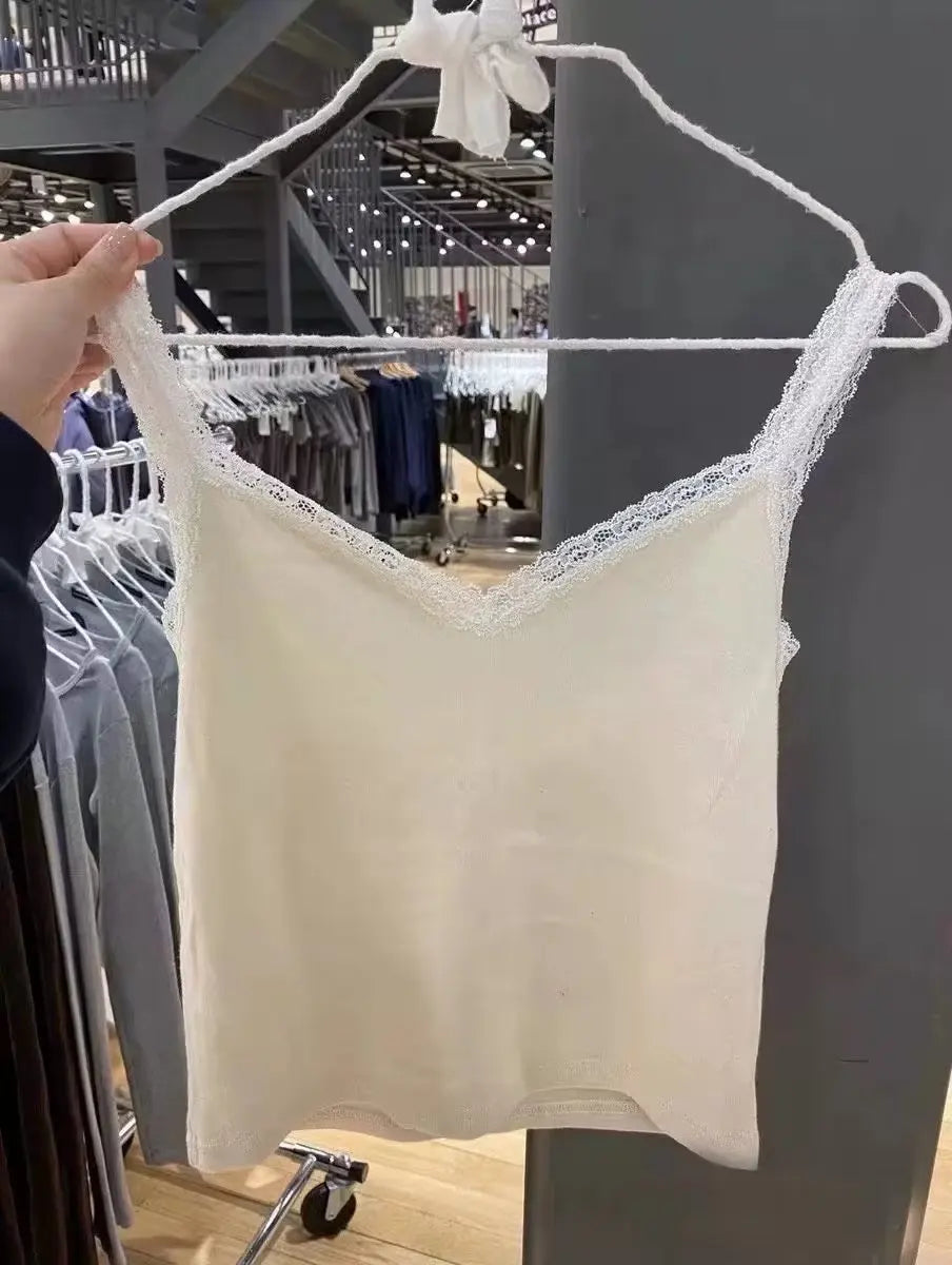 White Lace Trim Slim Tank Top for Woman Summer V-neck Cotton Crop Tops Female Casual Sweet All-match Preppy Style Camisole y2k