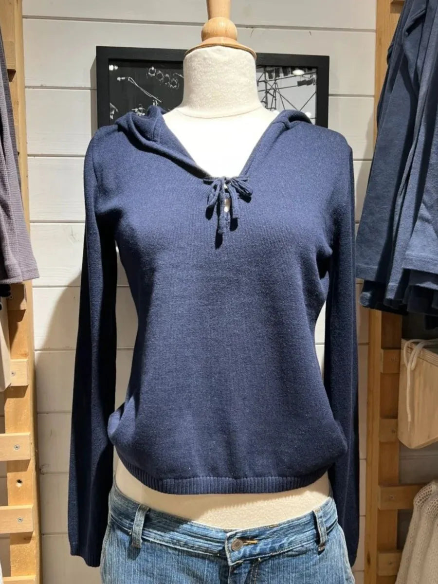 Retro New Navy Hooded Sweaters Women Autumn Cotton Lace-up Long Sleeve Slim Jumpers American Vintage Streetwear Pullover Y2K Top