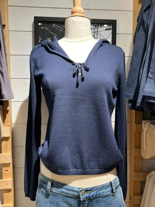 Retro New Navy Hooded Sweaters Women Autumn Cotton Lace-up Long Sleeve Slim Jumpers American Vintage Streetwear Pullover Y2K Top
