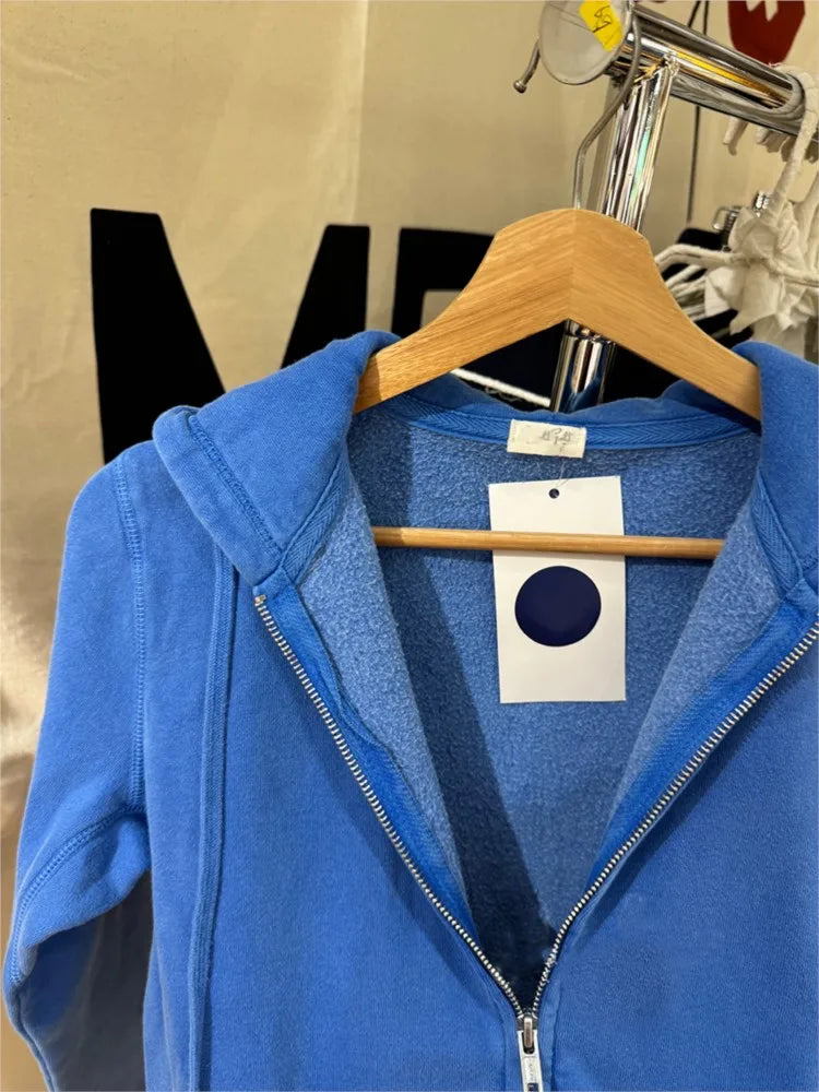 Electric Blue Zipper Hoodies Women Autumn Loose Pockets Drawstring Hoodie Tops Vintage Sweet Preppy Style Y2K Sweatshirts Coat