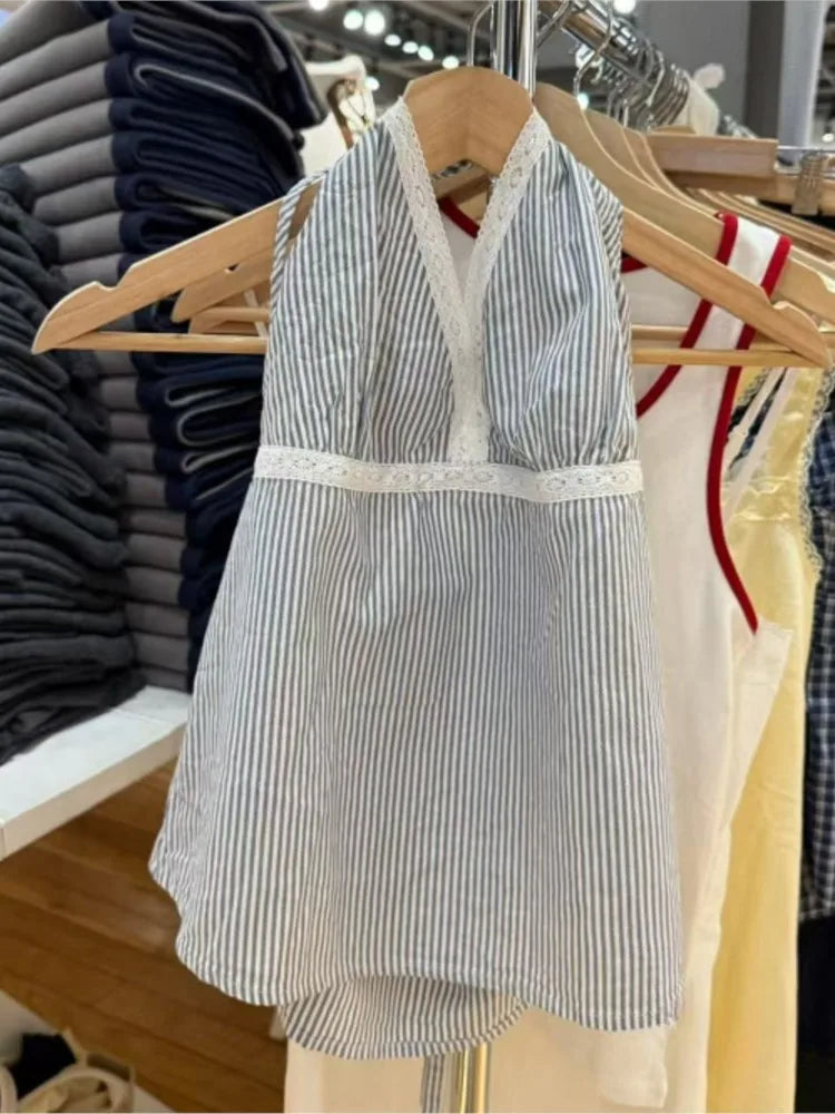 Blue Striped Lace-up Halter Crop Top Woman Summer Cotton Lace Trim Deep V-neck Backless Sleeveless Vests Sweet Chic Camisole New