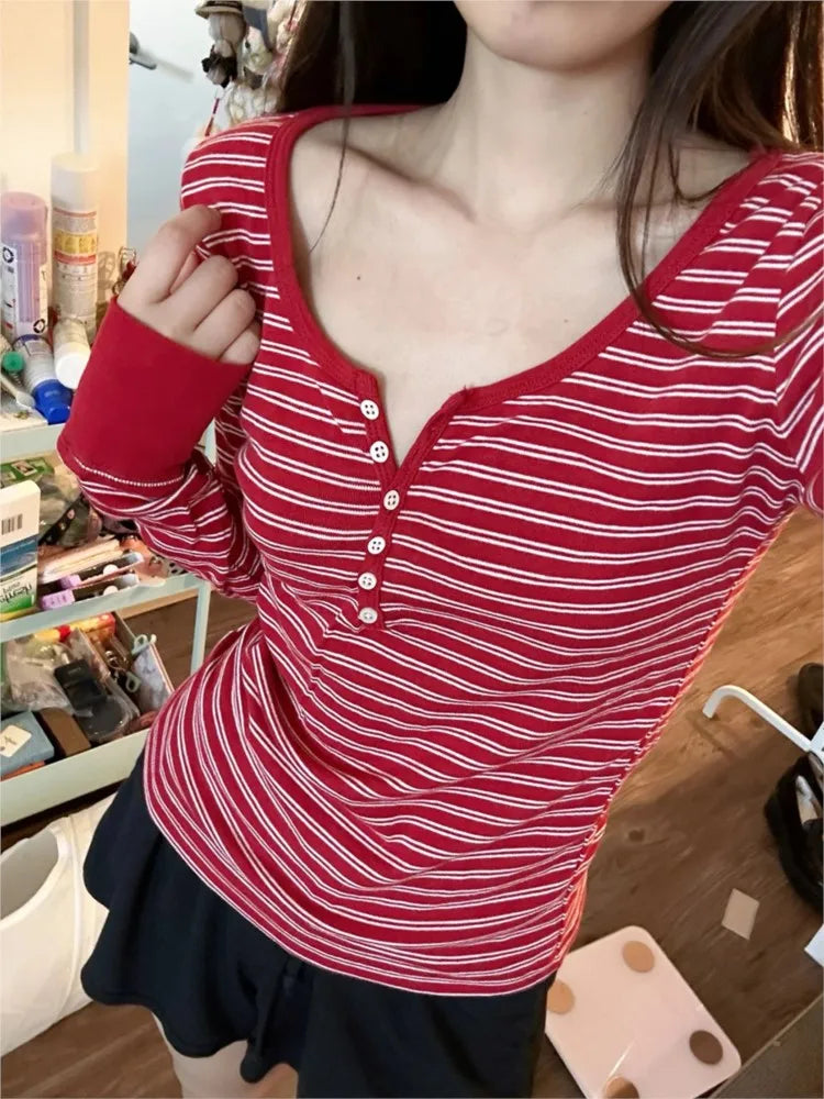 Autumn Red Striped Patchwork Long Sleeve Tees Women Casual Chic Cotton Buttons T-shirt Sweet Preppy Style Slim Tshirt Y2K Tops