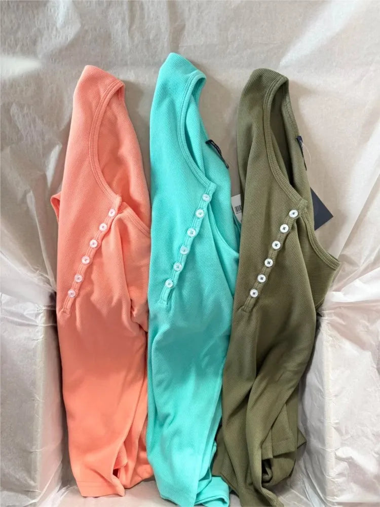 Green Vintage Ribbed Long Sleeve Tee Women's Autumn Six Button Cotton Casual Patchwork Slim T-Shirts Simple Chic Streetwear Tops