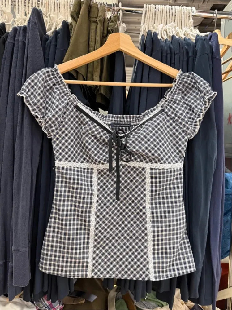 Plaid Lace Trim Tie T-shirts Women Elegant Fairy Style Square Neck Cotton Short Sleeve Tees Female Sweet Cute Ballet T Shirt Y2K