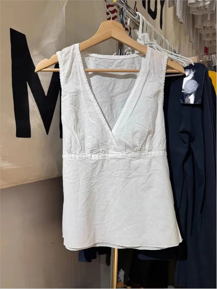Lace Trim Deep V-neck Tank Tops Women Summer White Cotton Back Lace-up Slim Sleeveless Tees Sexy Sweet Preppy Style Vest Y2K