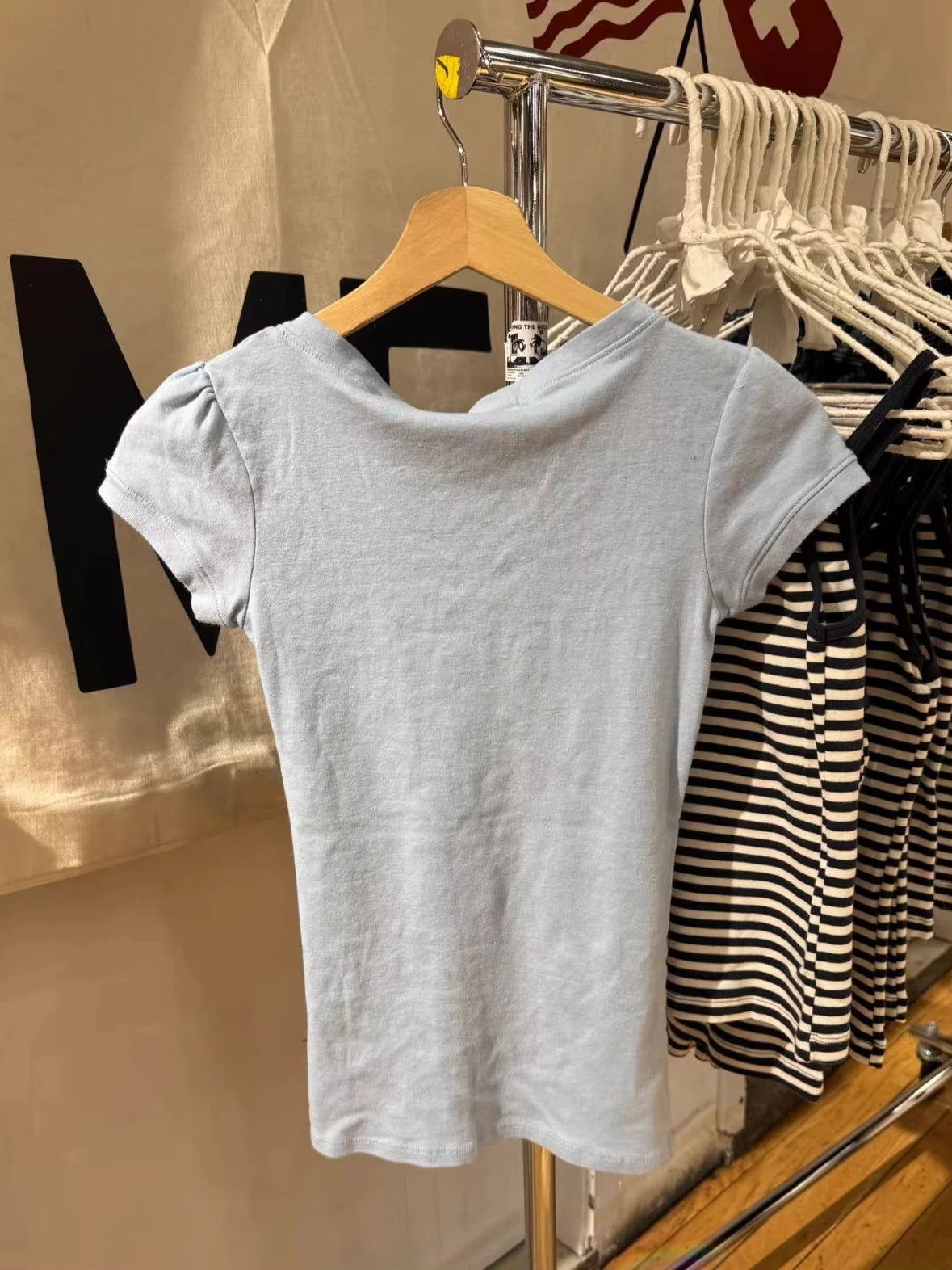Blue Folds V-neck Slim Tshirts Women Summer Casual Streetwear Chic Cotton Short Sleeve Tees Sweet Cute Simple All-match Tshirt