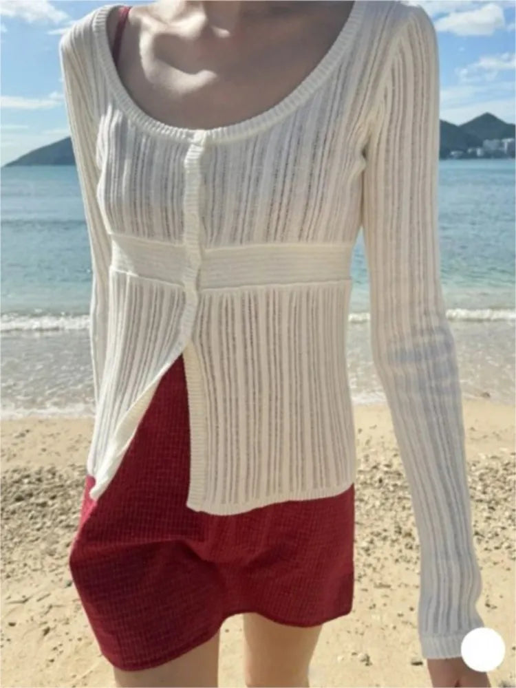 Sweet Hollow Out Slim Long Sleeve T-shirt Women Solid O-Neck Single Breasted Cotton Tees Simple Chic Knit Tshirt Y2K Tops New
