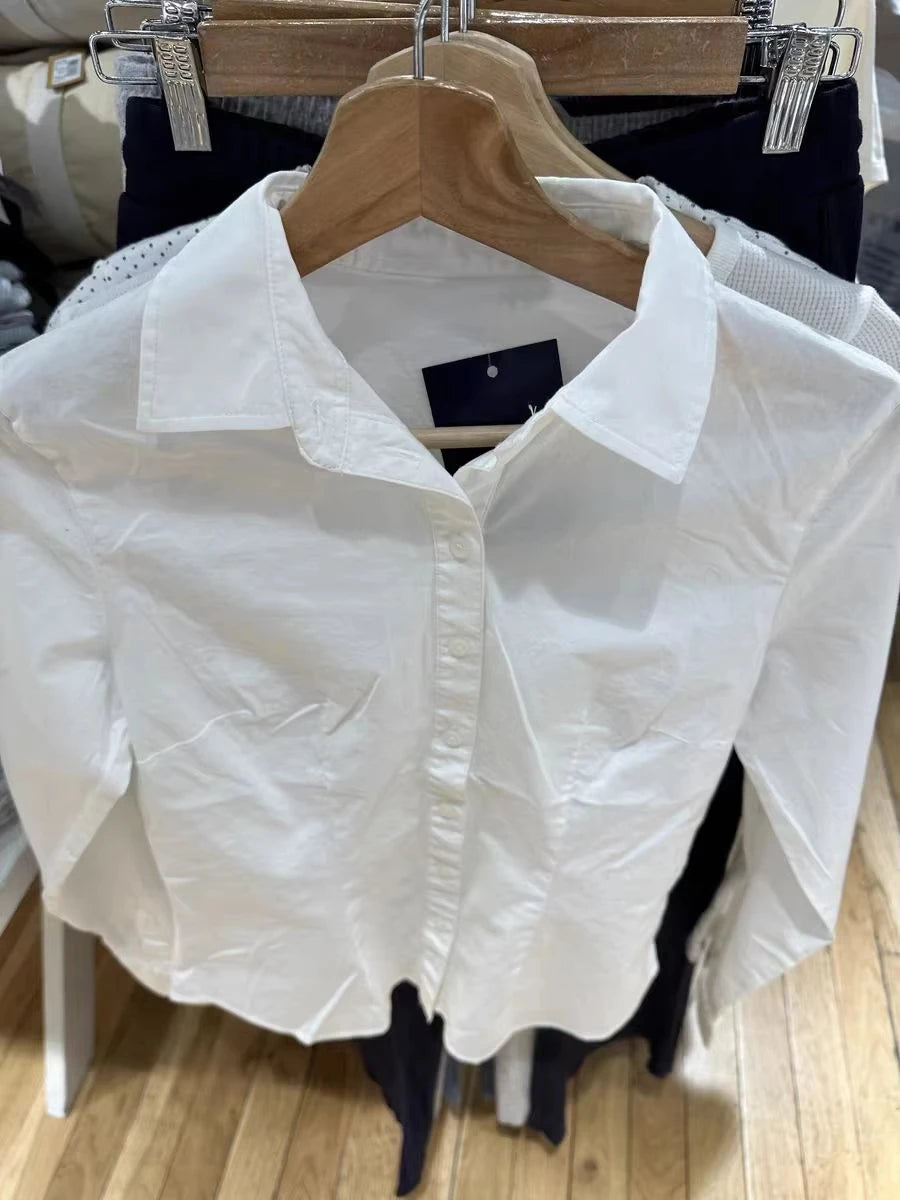 Sweet Solid Buttons Slim Blouse T-shirts Women Casual Turn down Collar Long Sleeve Tee Girls Cute Preppy Style Y2K Crop Tops New