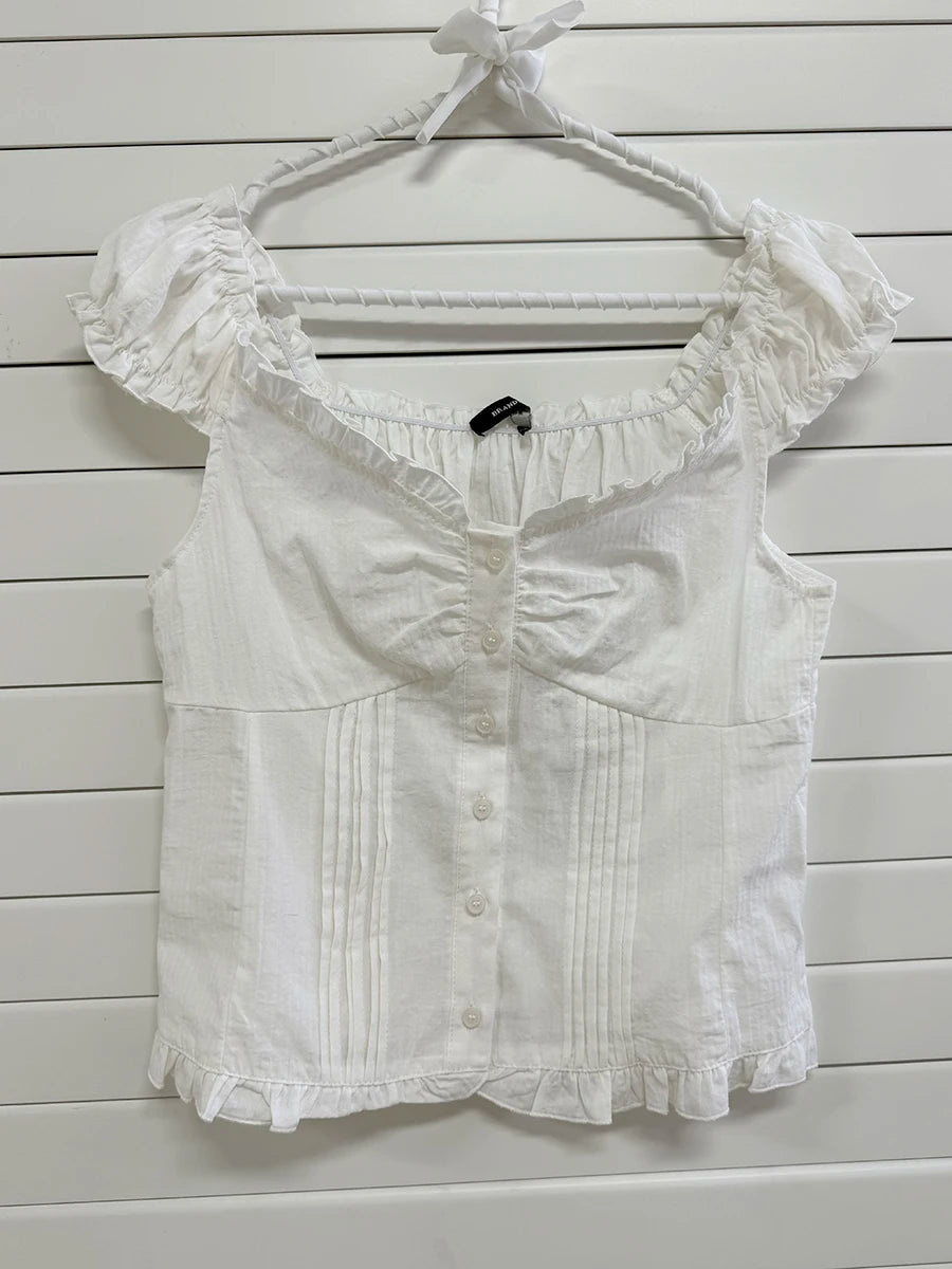 Cute Red Plaid Folds Blouse Tees Women Casual Single Breasted Ruffle Sleeveless Tank Tops Sweet Vintage Preppy Style Camisole