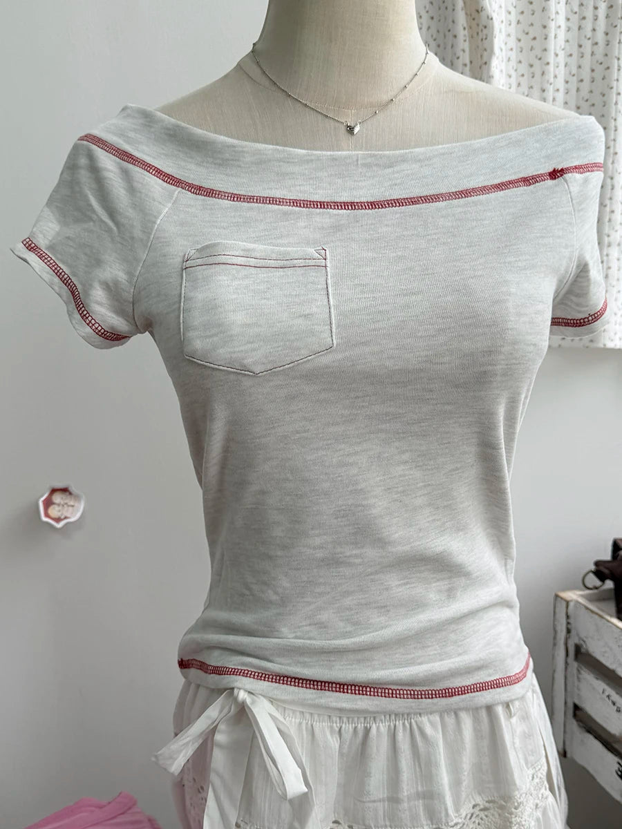 Slash Neck Short Raglan Sleeve Tee Shirts Women Summer Casual Slim Quilted Pocket Cotton Tshirts Sweet Preppy Style T-shirt Y2K
