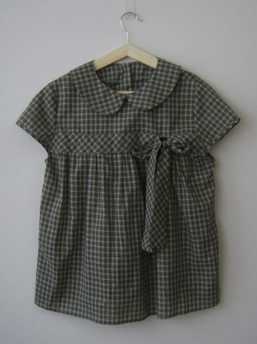 Retro Plaid Bow Lace-up T-shirts Blouse Women Summer New Korean Streetwear Doll Collar Short Sleeve Tees Vintage Sweet Cute Tops