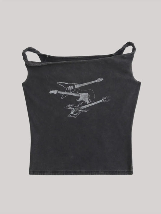 Harajuku Guitar Print Slim T-shirts Women Summer Roll Hem Sexy Slash Neck Cotton Tee Tops Vintage Streetwear Y2K Crop Tops New