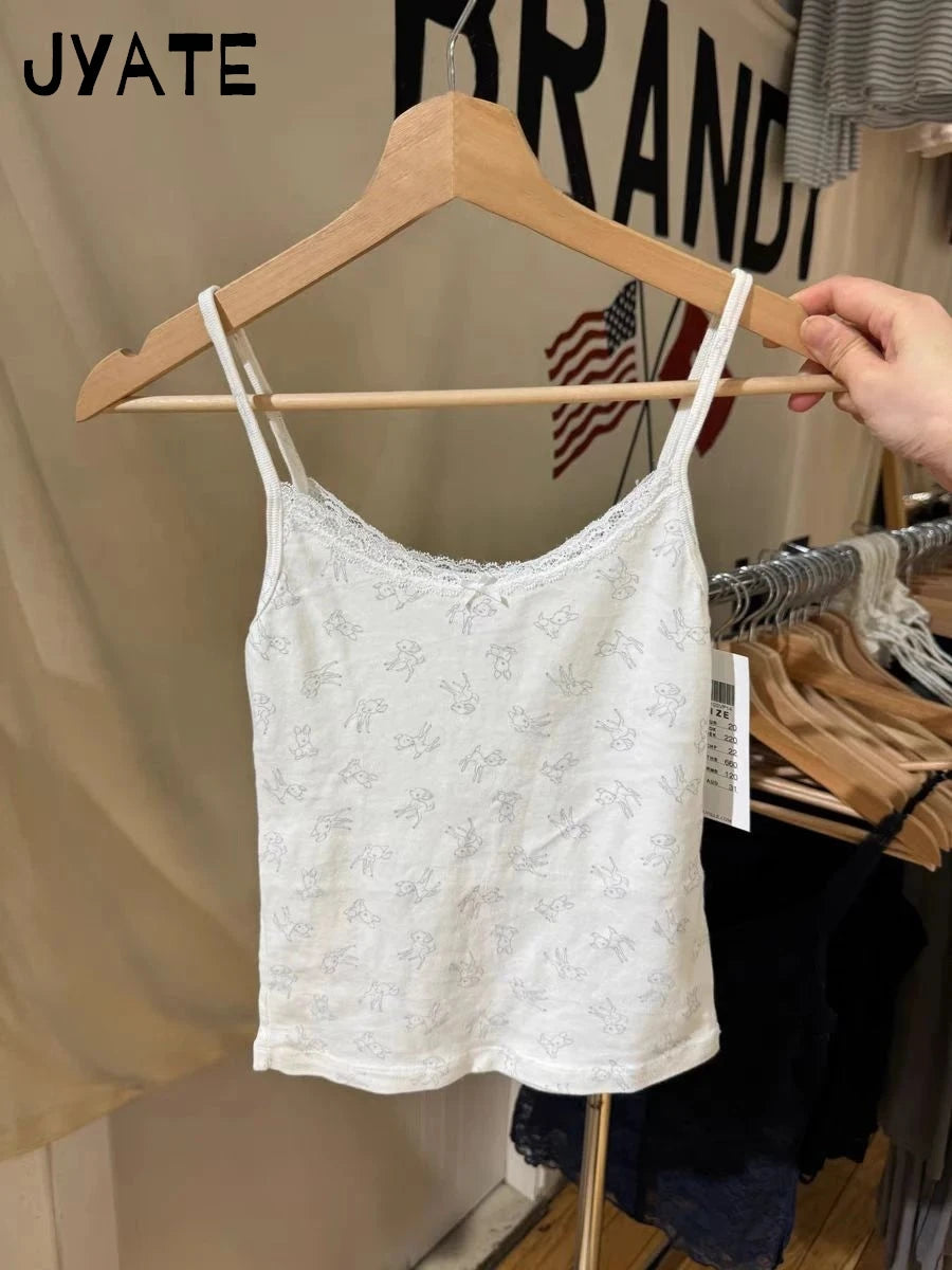Little Deer Lace Trim Tank Tops Women Summer New Casual Preppy Style Slim Bow Sleeveless Vests Sweet Cute Vintage Camisole Y2K
