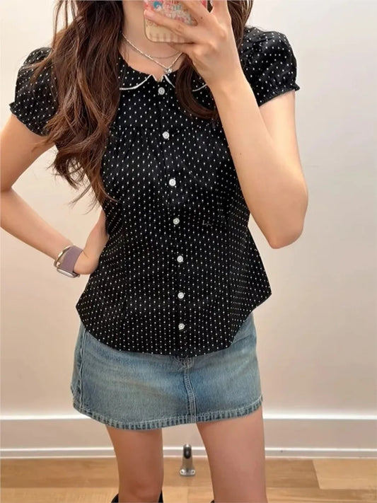 Black Polka Dot Peter Pan Collar Blouse Women Casual Streetwear Buttons Short Sleeve Tees Sweet Preppy Style T-shirts Y2K Tops
