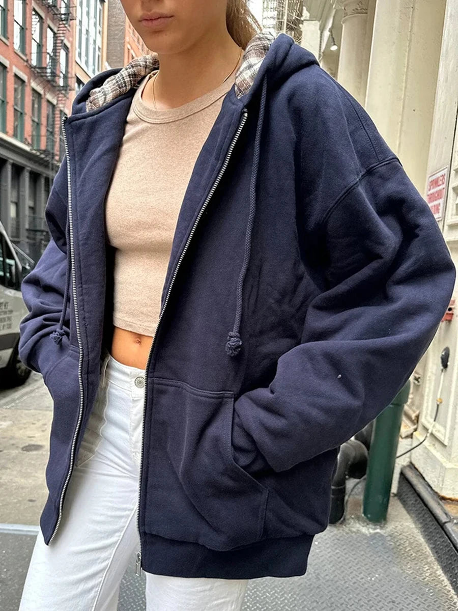 Vintage Plaid Print Thick Hoodie Coat Women Autumn Pockets Zip-up Drawstring Classic Pullover Tops Harajuku Y2K Chic Sweatshirts