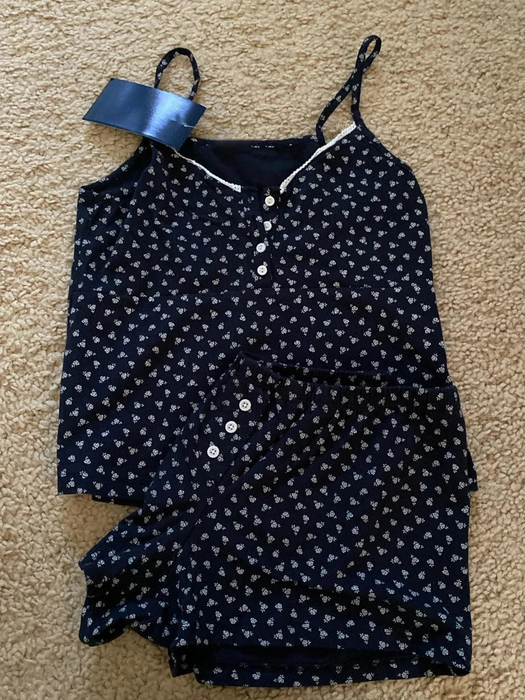 Striped Blue Home 2 Piece Sets Women Cotton Sleeveless Crop Top+Elastic Waist Straight Short Pant Vintage Tank Shorts Pajama Set