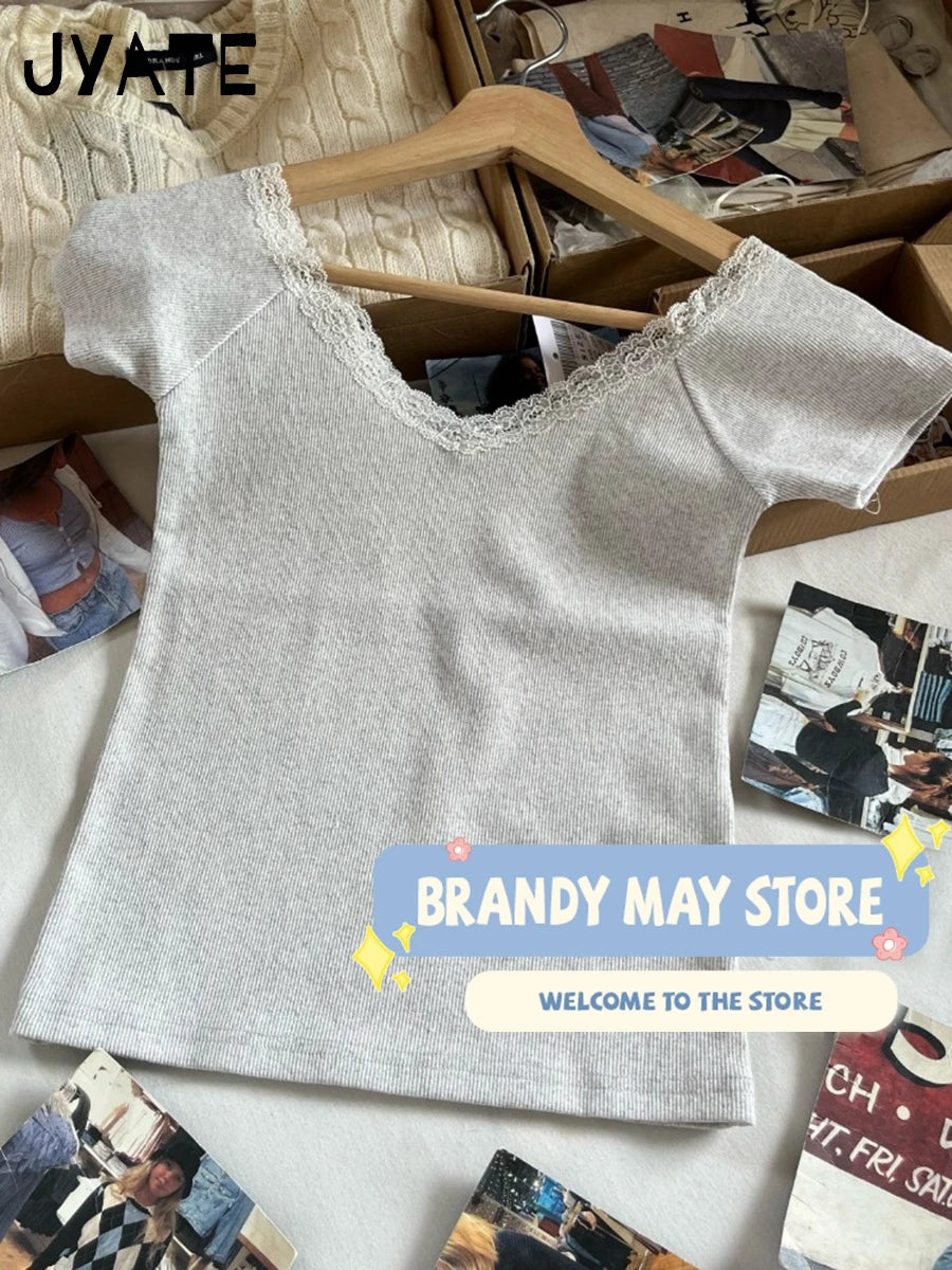 Lace Trim Pink V-neck T-shirts Women Cotton Ribbed Slim Casual Preppy Style Short Sleeve Tees Femme Vintage Sweet Cute Tops Y2K