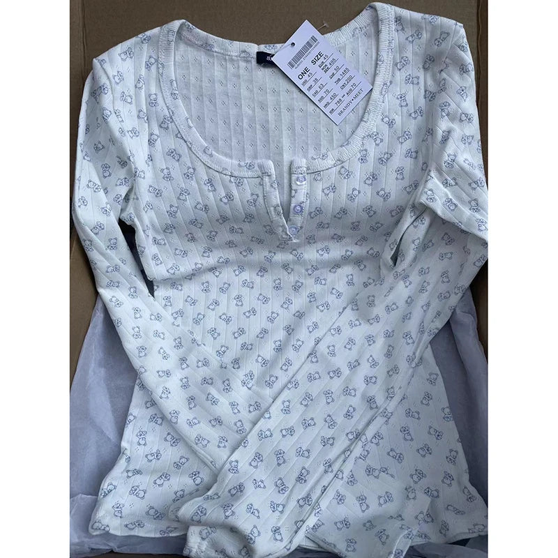 Sweet Little Bear Print Buttons Long Sleeve Tees Women Autumn New Cotton Soft Gray Casual Tops Female Vintage Cute Y2K T-shirts