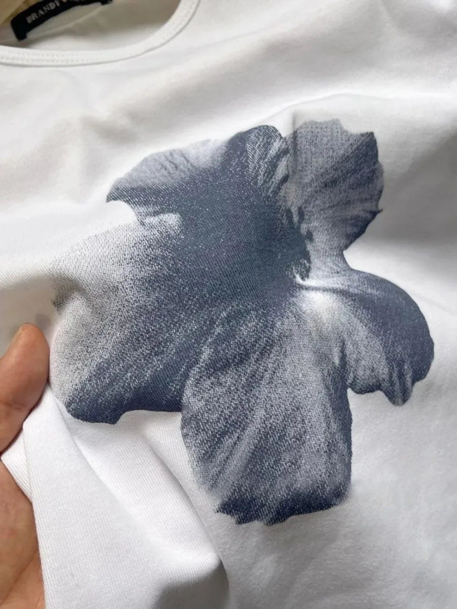 Flower Print Round Neck T-shirt Woman Summer Cotton Short Sleeve Slim Tee Shirts Clothes Female Vintage Sweet Cute Tshirts New