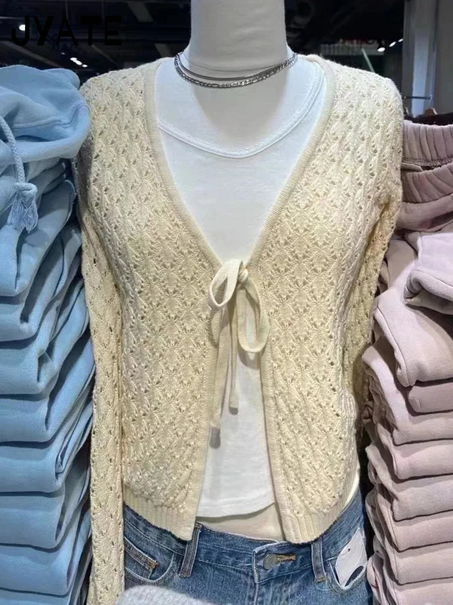 Lace-up V-neck Knitted T-shirts Women Spring New Casual Cotton Solid Hollow Out Long Sleeve Tee Vintage Sweet Cute Crop Tops Y2K