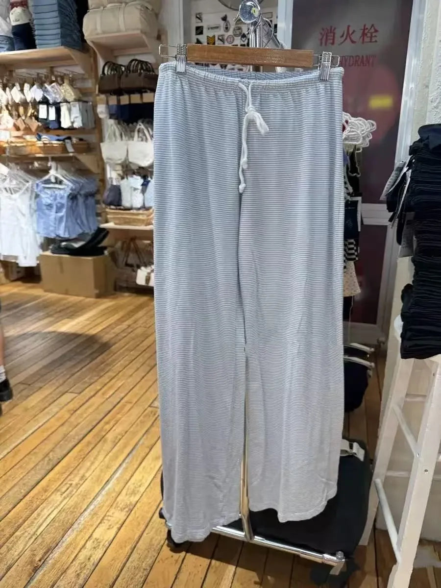 Blue Striped Drawstring Straight Long Pants Women Casual Cotton Soft High Waist Trousers Simple Sweet Vintage Home Pajama Pants