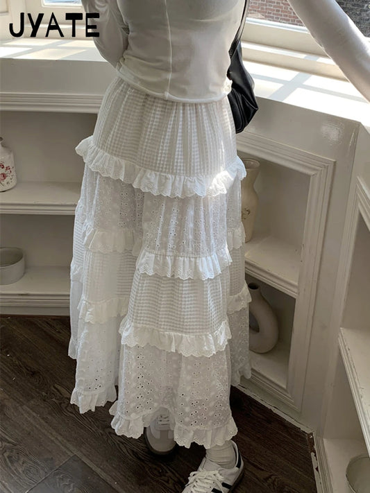 Sweet Floral Embroidery Ruffle Long Skirts Women New Casual Elastic High Waist A-line Falda Vintage Chic Preppy Style Maxi Skirt