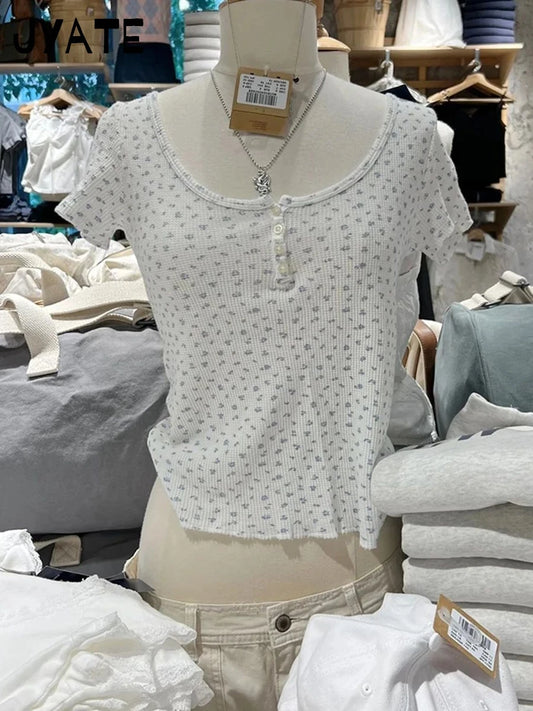 Sweet Blue Floral Waffle O-neck T-shirts Women New Casual Simple Buttons Slim Short Sleeve Tees Preppy Style Cute Y2K Crop Tops