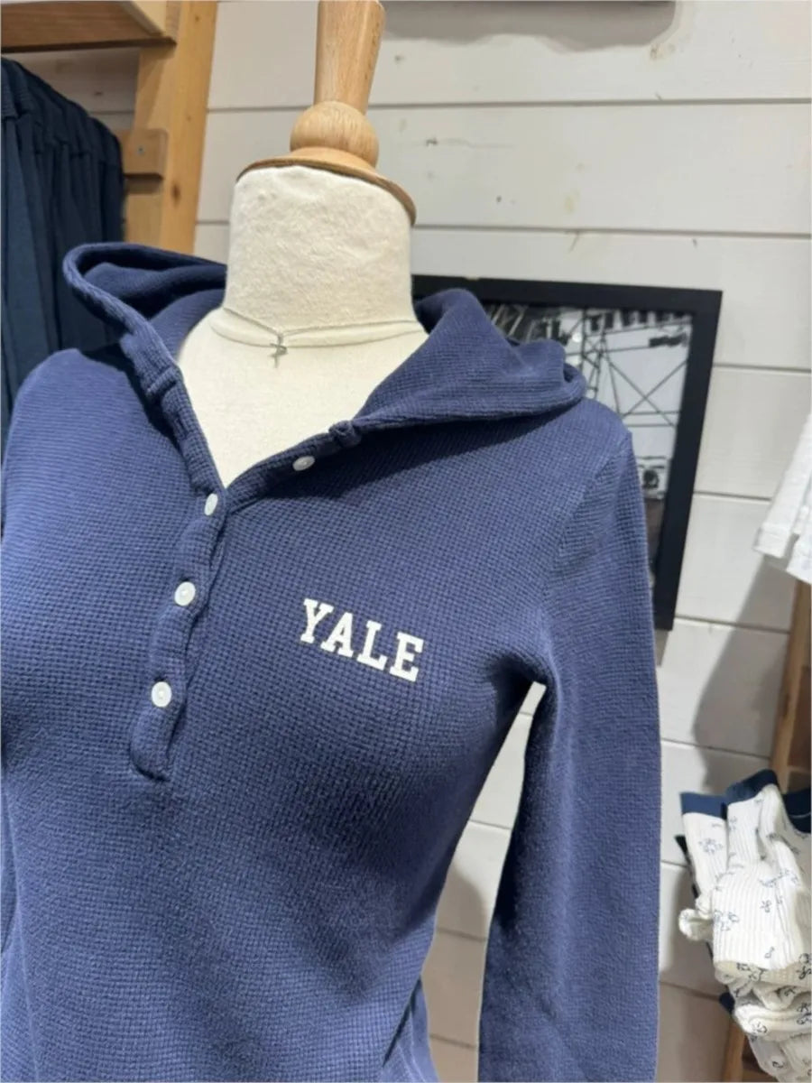 Letter Print Navy Hooded Cotton T-shirt Women Five Button Slim Waffle Long Sleeve Tee Shirt Casual Streetwear Vintage Tshirt Y2k