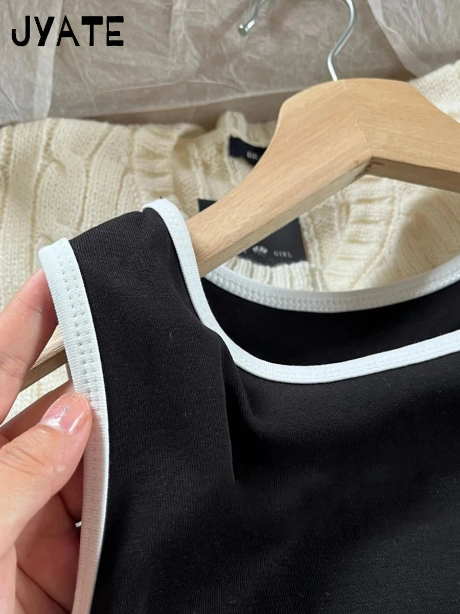 Harajuku Patchwork Black Slim Tank Tops Women New Cotton Casual Round Neck Sleeveless Crop Top Female Vintage Chic Basic Vests